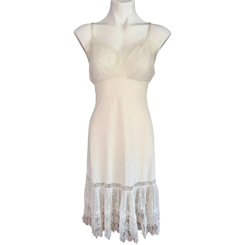 Van Raalte Vintage Ivory Nylon Slip Dress Embroidered Lace Ruffle Hem 60’s Sz 36
